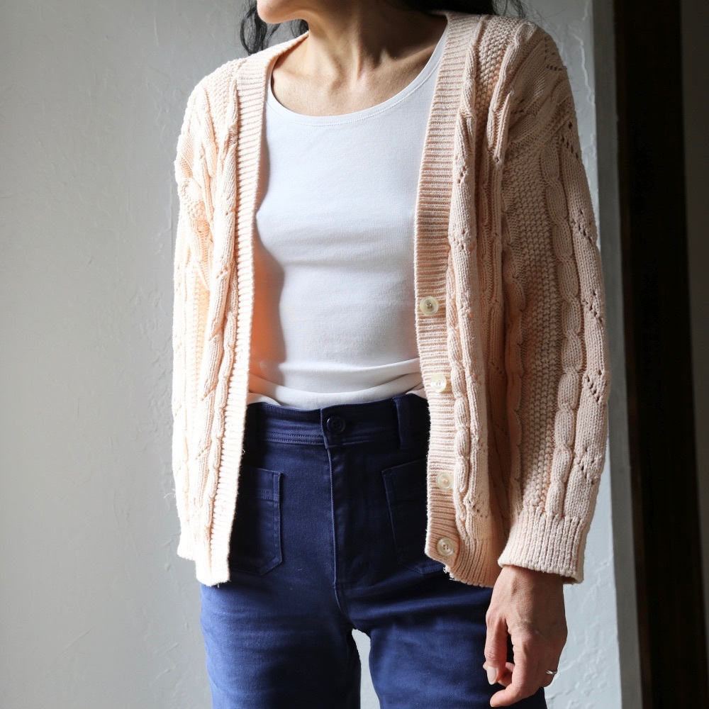 Vtg Peach Pink Cotton Cardigan Pointelle Sweater S